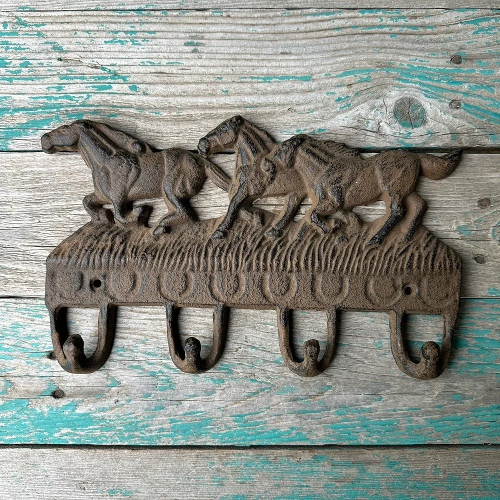 VTG Running Horses Rustic Cast Iron‎ Coat Hanger 11 Inch Wall Hooks Key Rack